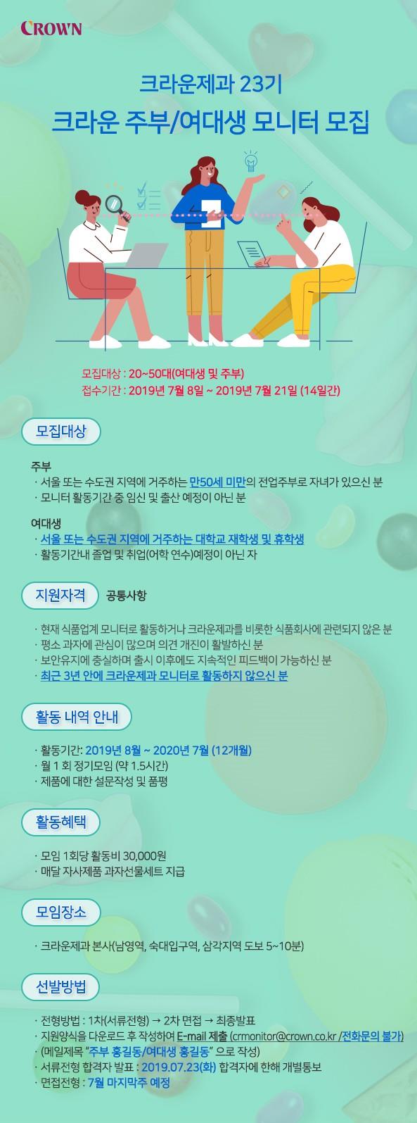 [크라운제과] 크라운제과 정기모니터 요원을 모집합니다.