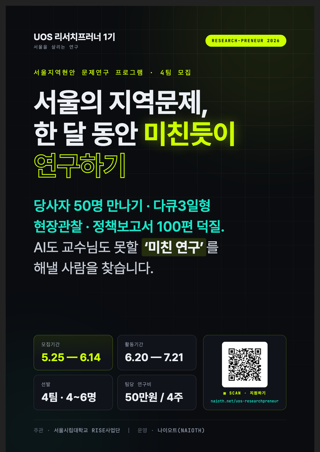 '서울의 지역문제, 한달 동안 미친듯이 연구하기' UOS 리서치프러너 1기 모집