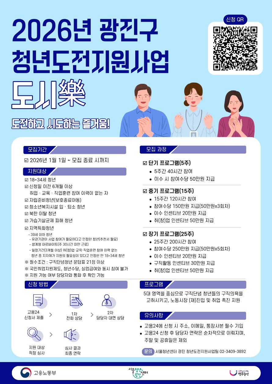 2026년 광진구 청년도전지원사업 '도시樂' 참여자 모집 안내