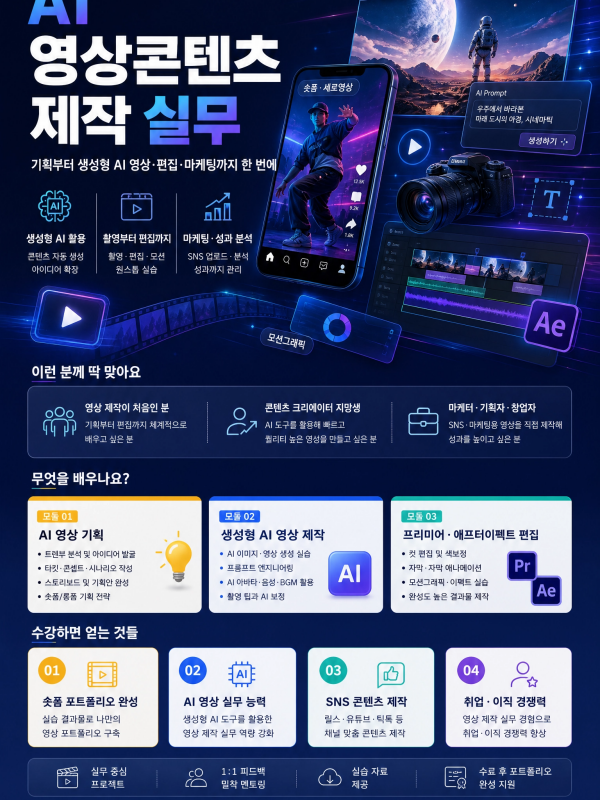 20~50대 누구나 참여가능한 숏폼, 유투브 AI영상편집제작 국비지원교육 참여자 모집