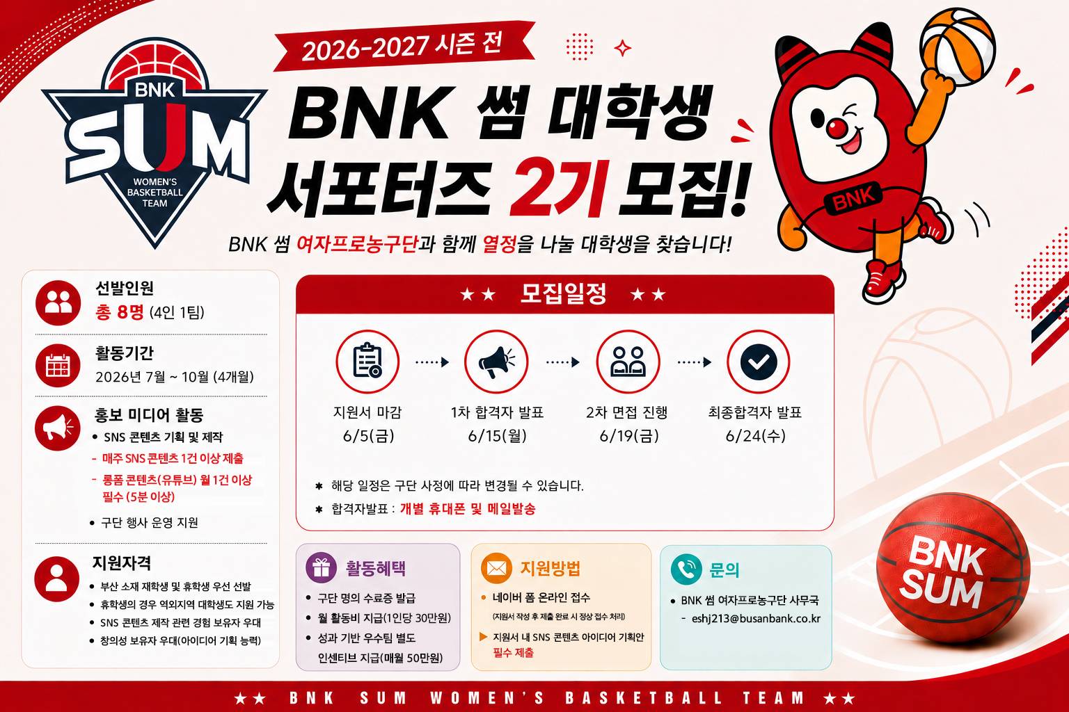BNK 썸 여자프로농구단 대학생 서포터즈 2기 모집
