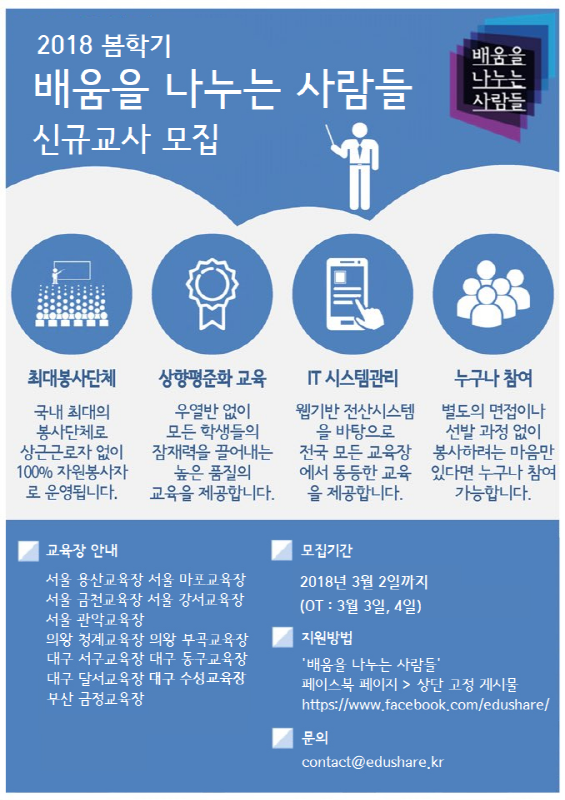 배움을 나누는 사람들 전국최대 교육봉사단체 신규선생님 모집