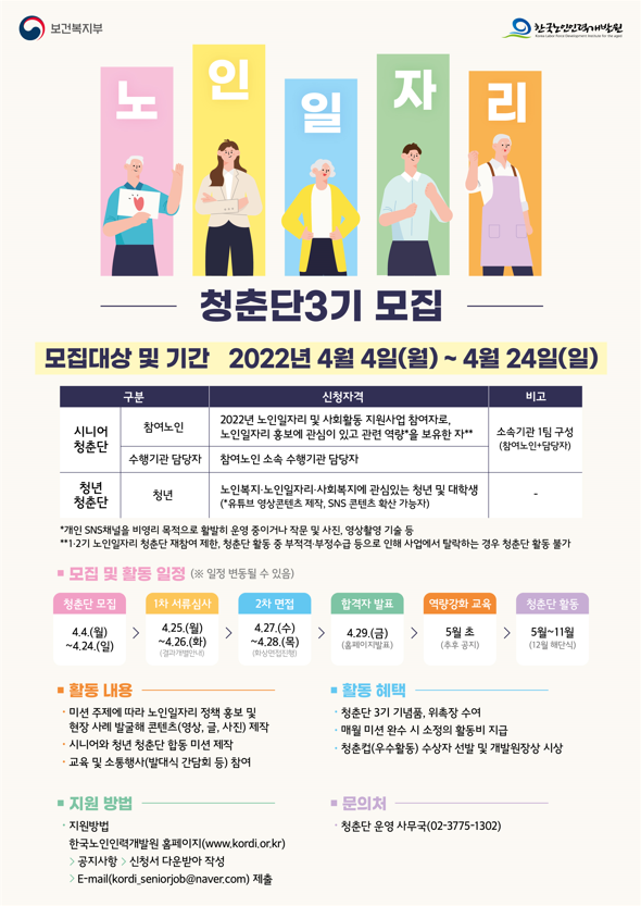한국노인인력개발원 서포터즈 <노인일자리 청춘단 3기> 모집