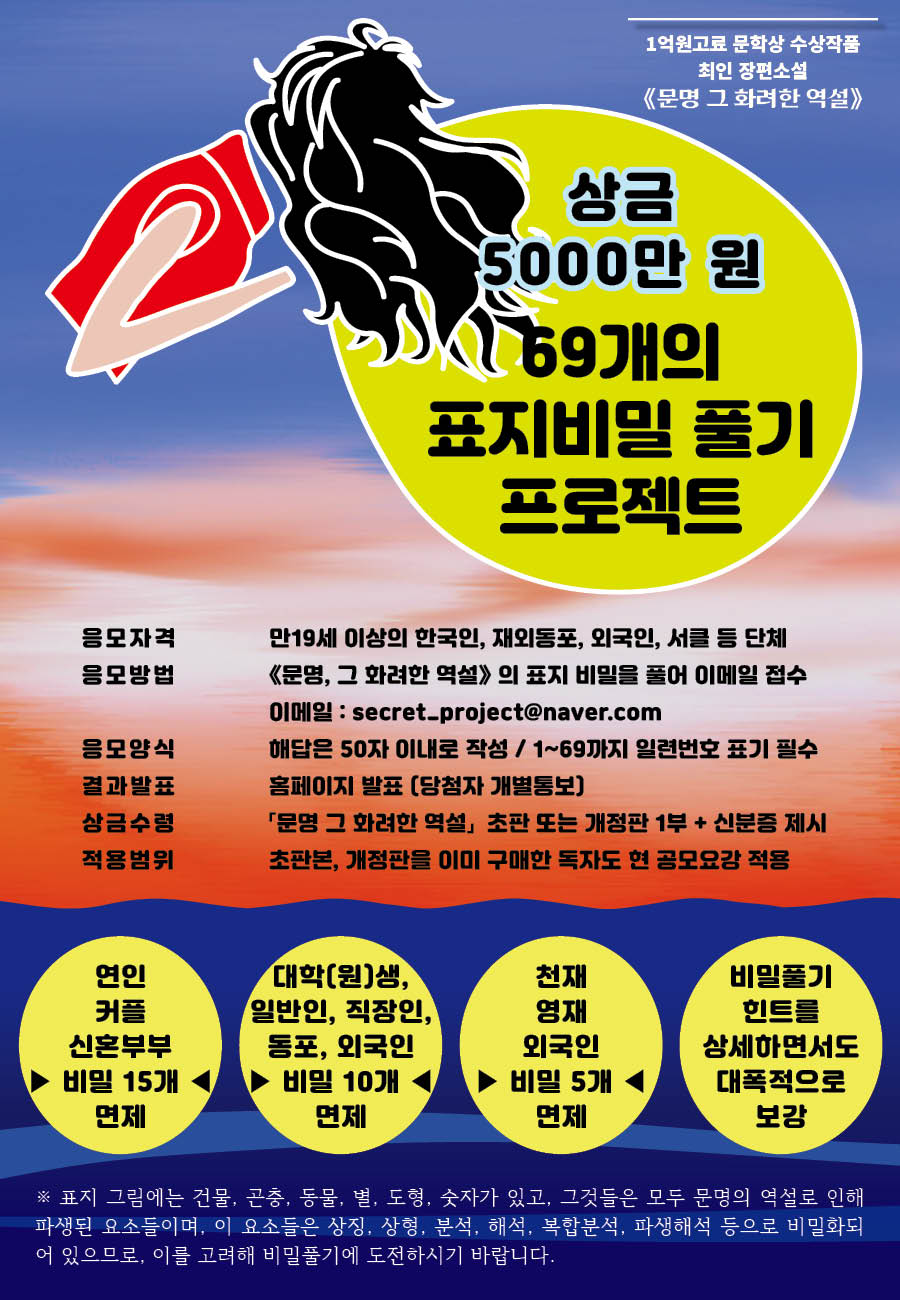 제40회 [문명 그 화려한 역설] 69개의 표지비밀 풀기 프로젝트 공모 (1억고료 문학상 수상작)