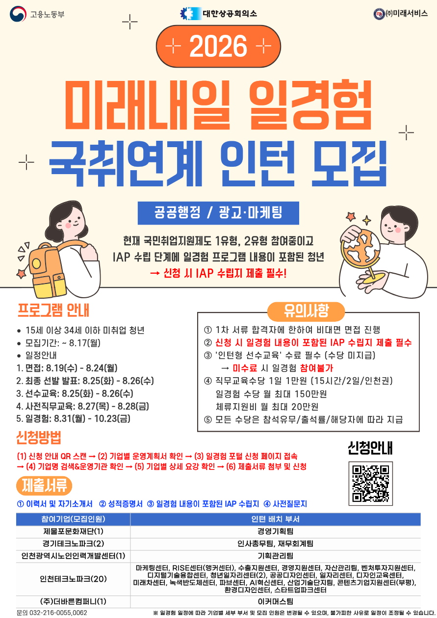 고용노동부 미래내일일경험 2026 인턴형 3차 국취연계형 참여자 모집