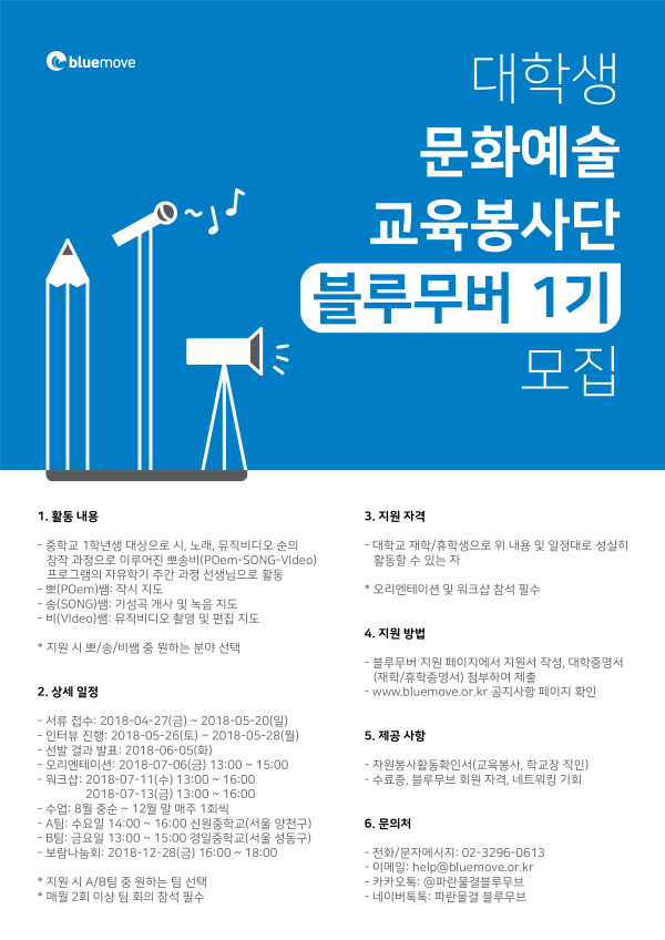 대학생 문화예술 교육봉사단 블루무버 1기 회원 모집