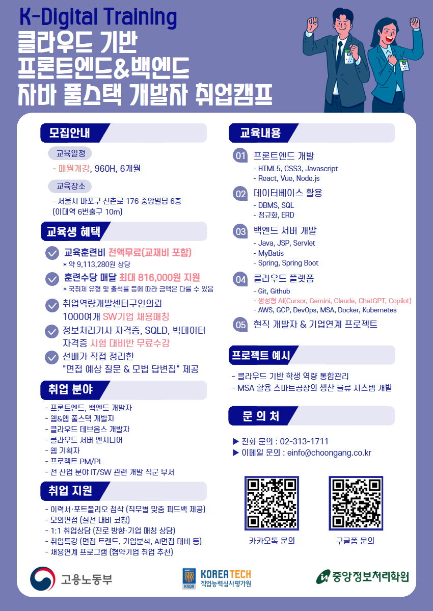 중앙정보처리학원 공모전 다수 입상! 전액 국비지원 클라우드 자바 풀스택 개발자 취업캠프