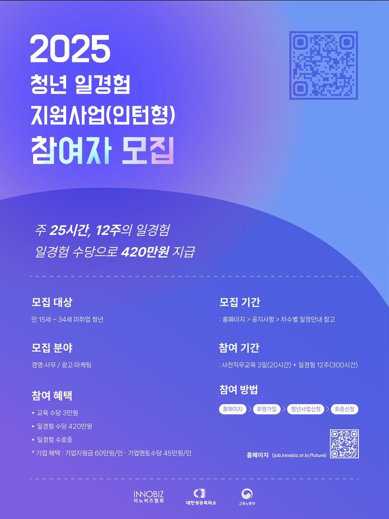 고용노동부/이노비즈협회 2025년 미래내일일경험(인턴형)지원사업 4차 참여자 모집