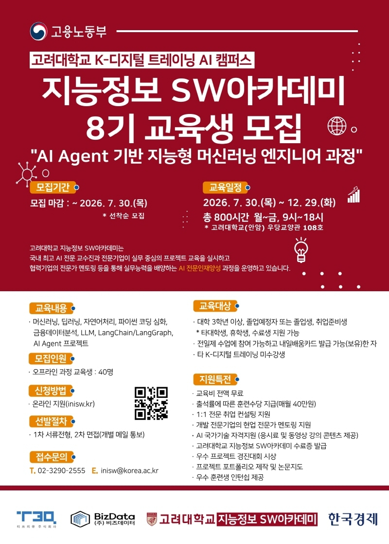 고려대학교 K-디지털 트레이닝 AI캠퍼스 '지능정보 SW아카데미' 8기 교육생 모집