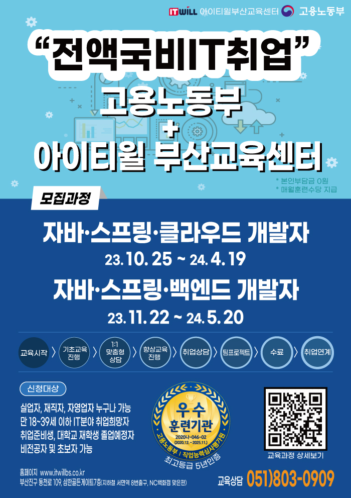 [아이티윌부산] AWS 클라우드 기반 백엔드 개발자 고용노동부 취업교육 모집