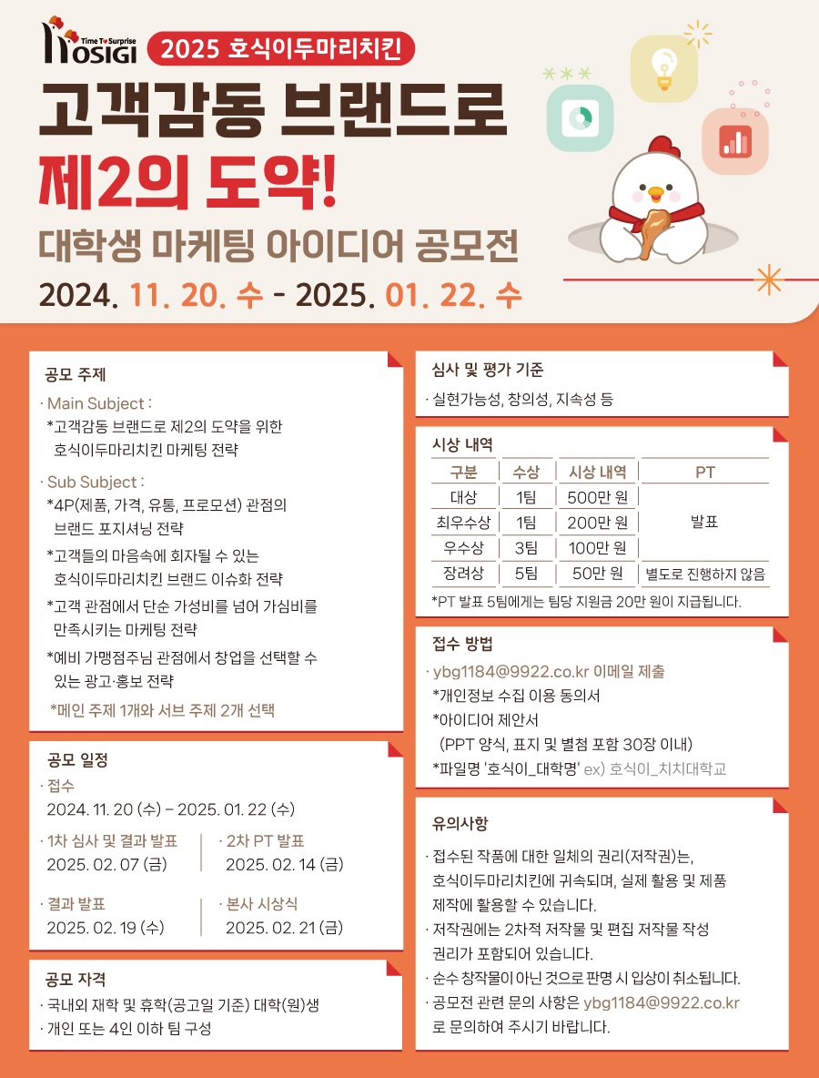 2025 호식이두마리치킨 대학생 마케팅 아이디어 공모전 '고객감동 브랜드로 제2의 도약!'