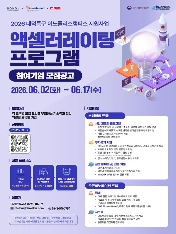 「2026년 대덕특구 이노폴리스캠퍼스 지원사업」액셀러레이팅 프로그램 참여기업 모집