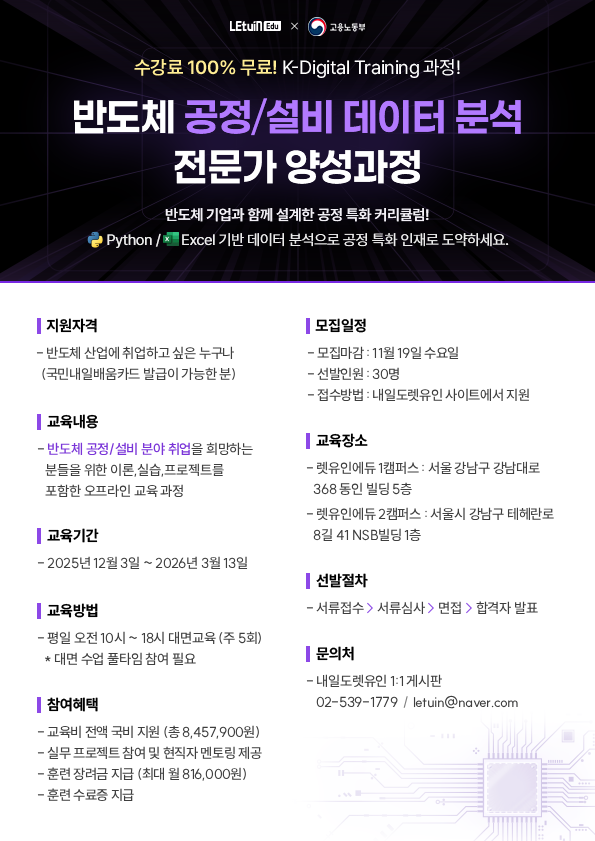 K-Digital Training 렛유인에듀X고용노동부 반도체 공정 설 데이터 분석 전문가 양성 과정 모집