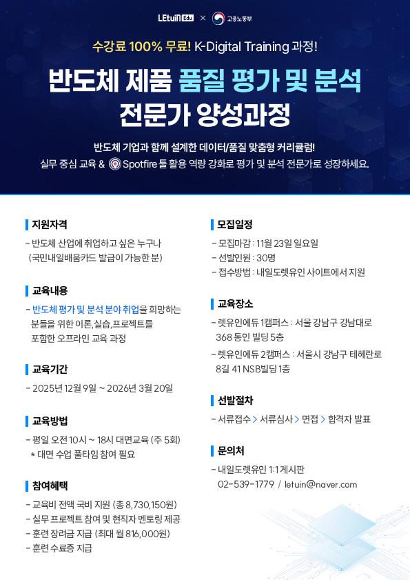 K-Digital Training 렛유인에듀X고용노동부 반도체 제품 품질 평가 및 분석 전문가 양성 과정 모집