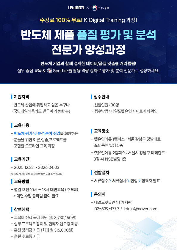 K-Digital Training 렛유인에듀X고용노동부 반도체 제품 품질 평가 및 분석 전문가 양성 과정 모집