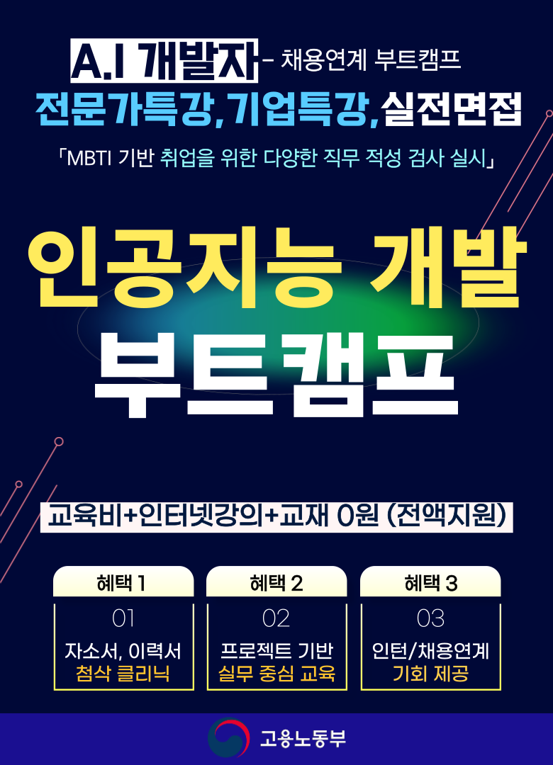 경기 안산 인공지능 개발자 AI개발 국비지원 부트캠프 학원 취업 교육