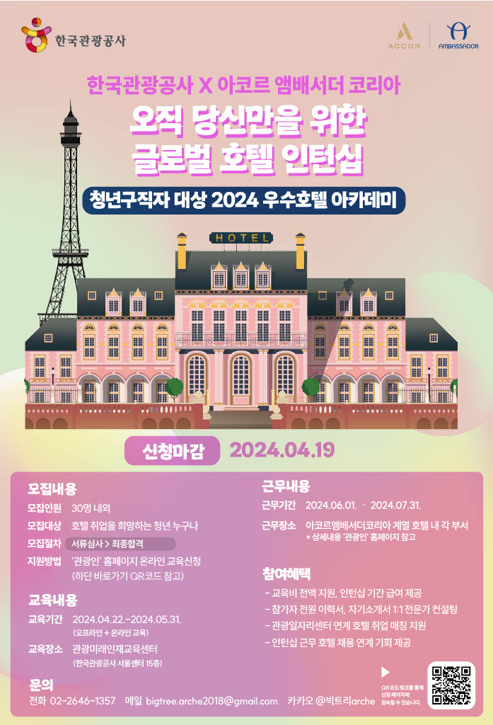 한국관광공사 청년구직자 대상 2024 우수호텔 아카데미 참여자 모집