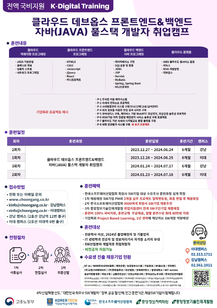 K디지털 트레이닝' 클라우드 데브옵스 프론트엔드&백엔드 자바(JAVA) 풀스택 개발자 취업캠프