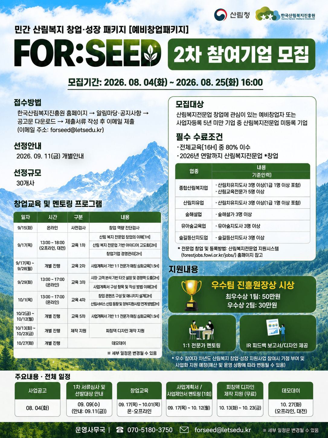2026년 민간 산림복지 창업·성장 패키지 “FOR:SEED [예비창업패키지]" 2차 모집