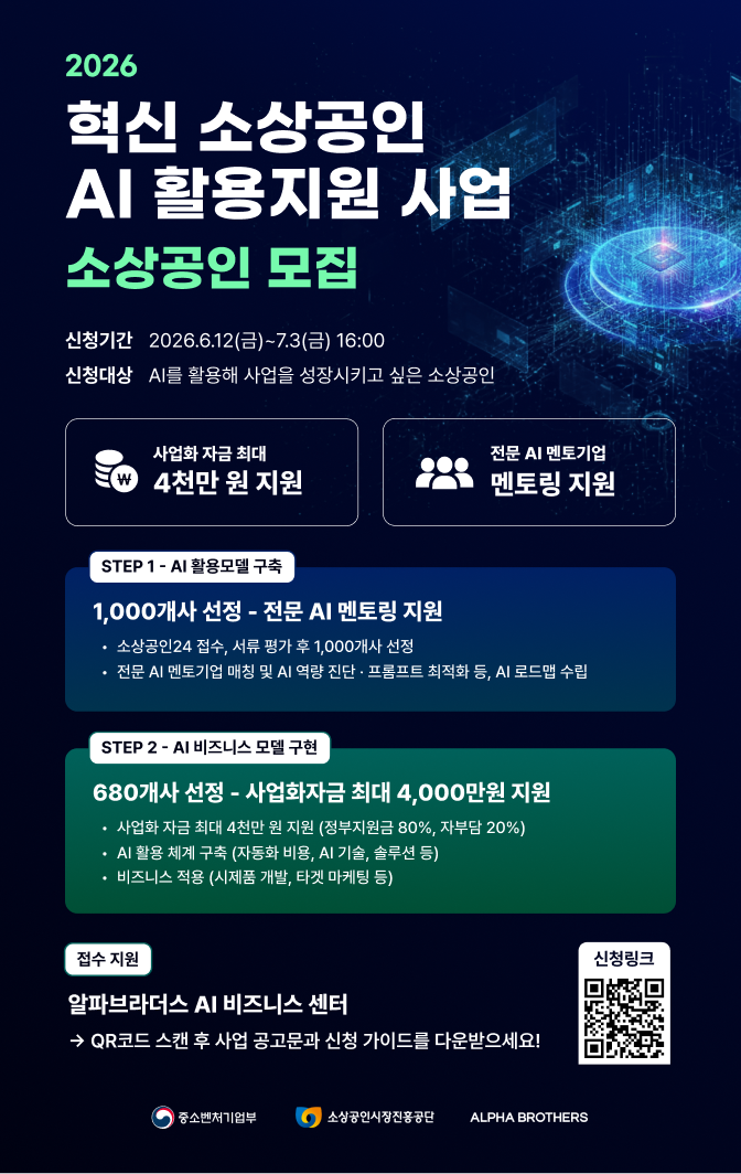2026 혁신 소상공인 AI 활용지원 사업 참가자 모집(사업화자금 최대 4,000만원 지원)